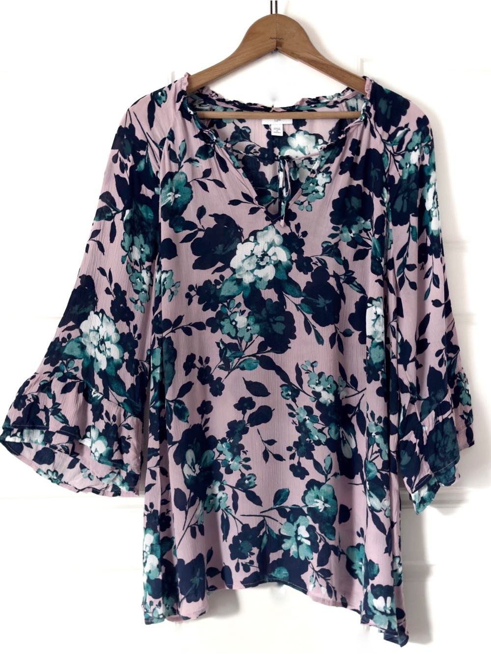 J Jill Floral Tunic Top 1X Pink Blue 3/4 Bell Sleeves Ruffle V Neck Tie Blouse